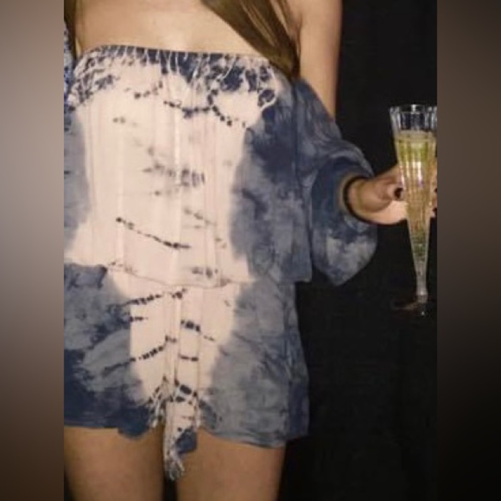 Surf Gypsy Pink and Blue Tie-Dye Off the Shoulder Romper